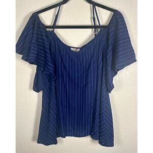 Umgee USA NWT Women's Short Sleeve Cold Shoulder Top Navy Stripe Flowy Size L